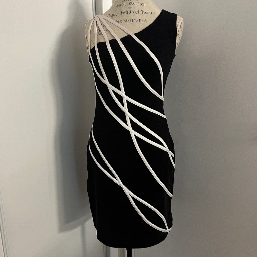 Tadashi Dress Black White Asymmetric Bodycon Mini Stripy Perfect for Holidays!